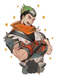 Rule 34 | 1boy, crossed arms, forehead protector, genji (overwatch), green hair, japanese clothes, male focus, muyihui, overwatch, overwatch 1, solo, young genji