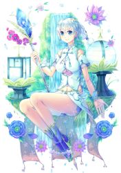 Rule 34 | 1girl, ankle boots, bad id, bad pixiv id, blue eyes, blue footwear, blue hair, boots, breasts, china dress, chinese clothes, clothing cutout, dress, fantasy, flower, full body, holding, legs together, light particles, looking at viewer, matching hair/eyes, navel, navel cutout, original, sakakidani, short hair, shoulder cutout, side cutout, smile, solo, staff, tassel, underboob, underboob cutout, water, water drop, waterfall, wrist cuffs