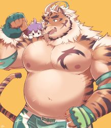 Rule 34 | 2boys, ahoge, animal ears, bara, belly, commentary request, fat, fat man, film grain, furry, furry male, gloves, green eyes, green gloves, highres, hombre tigre (housamo), large pectorals, looking at another, male focus, protagonist 4 (housamo), multiple boys, muscular, muscular male, navel, nipples, orange background, pectorals, sawch cls, short hair, solo focus, tail, thick eyebrows, tiger boy, tiger ears, tiger tail, tokyo houkago summoners, upper body, white hair, wrestling outfit