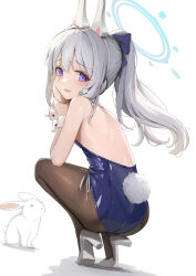Rule 34 | 1girl, absurdres, animal, animal ears, ass, black pantyhose, blue archive, blue halo, blue leotard, blush, earpiece, fake animal ears, fake tail, grey footwear, grey hair, hair between eyes, halo, high heels, highres, leotard, long hair, looking at viewer, miyako (blue archive), open mouth, pantyhose, ponytail, purple eyes, rabbit, rabbit ears, rabbit tail, simple background, solo, squatting, strapless, strapless leotard, sunga2usagi, tail, white background, wrist cuffs