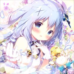 Rule 34 | 1girl, bare shoulders, blue eyes, blue flower, blue hair, blush, breasts, commentary request, detached sleeves, flower, fork, gloves, gochuumon wa usagi desu ka?, hair between eyes, hair ornament, hands up, hat, kafuu chino, long hair, looking at viewer, microphone, mini hat, parted lips, puffy short sleeves, puffy sleeves, purple flower, shiratama (shiratamaco), shirt, short sleeves, sleeveless, sleeveless shirt, small breasts, solo, spoon, tilted headwear, treble clef, two side up, upper body, white gloves, white hat, white shirt, white sleeves, x hair ornament