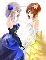 Rule 34 | 10s, 2girls, alternate costume, artist name, bare shoulders, black gloves, blue dress, blue eyes, blue flower, blue rose, blush, breasts, brown eyes, brown hair, character name, closed mouth, copyright name, dress, elbow gloves, emilio (tetsukazu no ao), eye contact, floral print, flower, frilled dress, frills, from side, girls und panzer, gloves, hair flower, hair ornament, holding hands, highres, itsumi erika, jewelry, looking at another, medium breasts, multiple girls, necklace, nishizumi miho, pearl necklace, profile, rose, short hair with long locks, silver hair, smile, standing, strapless, strapless dress, tareme, venus symbol, white background, white gloves, yellow dress, yuri
