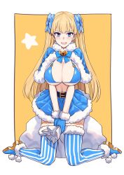 Rule 34 | 1girl, bag, bell, belt, bikini, bikini top only, blonde hair, blue bikini, blue capelet, blue ribbon, blush stickers, breasts, capelet, cleavage, full body, fur-trimmed capelet, fur-trimmed gloves, fur-trimmed legwear, fur trim, gloves, hair ribbon, highres, large breasts, lina (michihasu), long hair, looking at viewer, michihasu, multicolored eyes, navel, orange background, original, ribbon, round teeth, shoes, sitting, skirt, solo, star (symbol), striped clothes, striped legwear, striped ribbon, striped thighhighs, swimsuit, teeth, thighhighs, underboob, vertical-striped clothes, vertical-striped thighhighs, very long hair, wariza, white background