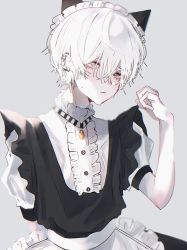 Rule 34 | apron, blouse, crying, crying with eyes open, ear piercing, g ig98, grey background, hair between eyes, highres, maid, original, piercing, shirt, simple background, solo, tears, white hair, white shirt