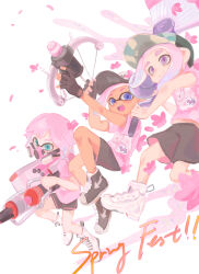 Rule 34 | 3girls, :d, absurdres, baseball cap, black footwear, black shorts, blue eyes, boots, bow (weapon), closed mouth, cobii illu, commentary request, cross-laced footwear, dolphin shorts, eyebrow cut, gas mask, gun, hat, heavy edit splatling (splatoon), high tops, highres, holding, holding bow (weapon), holding gun, holding weapon, inkling, inkling girl, inkling player character, mask, medium hair, multiple girls, nintendo, octoling, octoling girl, octoling player character, open mouth, painbrush (splatoon), pink hair, pink shirt, print shirt, purple eyes, reef-lux 450 (splatoon), shirt, shoes, shorts, smile, sneakers, splatoon (series), splatoon 3, teeth, thick eyebrows, upper teeth only, weapon, white background, white footwear