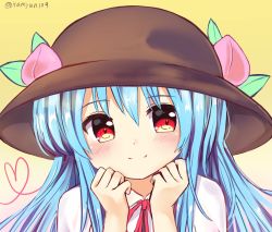 Rule 34 | 1girl, black hat, blue hair, blush, collared shirt, commentary, food, fruit, gradient background, hat, heart, heart of string, highres, hinanawi tenshi, leaf, long hair, looking at viewer, neck ribbon, peach, ramudia (lamyun), red eyes, red ribbon, ribbon, shirt, sidelocks, smile, solo, touhou, twitter username, white shirt, yellow background