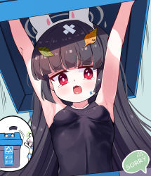 Rule 34 | 1girl, animal ear headphones, animal ears, armpits, black hair, blue archive, breasts, commentary request, fake animal ears, fang, halo, headphones, leaf, long hair, looking at viewer, miyu (blue archive), open mouth, school swimsuit, shirt, small breasts, sseopik, swimsuit, tears, trash can, white background