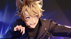 Rule 34 | 13 (bbr584607091), 1boy, alternate costume, animal ear fluff, animal ears, black jacket, black nails, black shirt, blonde hair, blue background, blue eyes, commentary, earpiece, extra ears, gradient background, highres, hyena boy, hyena ears, jacket, looking to the side, male focus, microphone, nail polish, open mouth, portrait, ruggie bucchi, shirt, short hair, smile, solo, symbol-only commentary, twisted wonderland, upper body