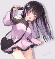 Rule 34 | 1girl, :d, artist name, bag, bare shoulders, black bag, black hair, blunt bangs, blush, breasts, clothing cutout, commentary request, cowboy shot, dated, dress, earrings, frilled dress, frills, grey background, hair ornament, hairclip, heart, heart-shaped bag, heart earrings, highres, hime cut, holding, holding own hair, jewelry, lace, lace-trimmed dress, lace trim, long hair, long sleeves, medium breasts, multicolored hair, open mouth, original, pink dress, pink eyes, pink hair, rabbit hair ornament, short dress, shoulder cutout, smile, solo, two-tone hair, yukari (rihenara doll)