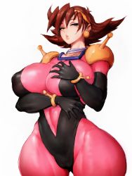 Rule 34 | 1girl, blue eyes, bodysuit, breasts, brown hair, earrings, covered erect nipples, fumio (rsqkr), g gundam, gundam, highres, jewelry, large breasts, lips, long hair, parted lips, puffy nipples, rain mikamura, simple background, solo, thick thighs, thighs, white background, wide hips