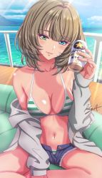 Rule 34 | 1girl, bad id, bad twitter id, bare shoulders, beer can, bikini, blue eyes, blue sky, blush, breasts, brown hair, can, cleavage, cloud, collarbone, couch, drink can, green eyes, grey jacket, halterneck, heterochromia, highres, holding, holding can, horizon, idolmaster, idolmaster cinderella girls, indian style, jacket, koya (koya x 00), long sleeves, looking at viewer, medium breasts, medium hair, mole, mole under eye, nail polish, navel, ocean, on couch, open clothes, open fly, open jacket, outdoors, railing, sapporo beer, shiny skin, short hair, shorts, signature, sitting, sky, smile, striped bikini, striped clothes, sunlight, swimsuit, takagaki kaede, two-tone bikini, unzipped
