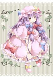 Rule 34 | 1girl, blush, capelet, clover, clover (flower), coat, crescent, dress, female focus, flower, framed, hair ribbon, hat, long hair, open clothes, open coat, patchouli knowledge, purple hair, red eyes, ribbon, smile, solo, striped clothes, striped dress, tamichan, touhou, wide sleeves