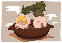 1girl blonde_hair commentary_request cookie_(touhou) cup daikon daikon_costume food green_eyes highres in_pot joker_(cookie) mizuhashi_parsee mushroom nabe ooriku_(saifuro) open_mouth radish reu_daikon shiitake short_hair smile soup steam touhou upper_body yunomi