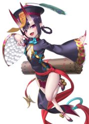 Rule 34 | 1girl, :d, black dress, black hat, blush, bob cut, braid, braided hair rings, china dress, chinese clothes, cleavage cutout, clothing cutout, dress, eyeliner, fang, fate/grand order, fate (series), flat chest, frills, hair rings, hat, heroic spirit festival outfit, horns, jiangshi, long sleeves, looking at viewer, makeup, nail polish, ofuda, oni, open mouth, peacock feathers, pelvic curtain, pointy ears, purple eyes, purple hair, qingdai guanmao, saruchitan, short hair, shuten douji (fate), shuten douji (festival outfit) (fate), skin-covered horns, skin fang, smile, solo, talisman, thighs, twin braids, white background, wide sleeves