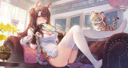 Rule 34 | 1girl, animal ears, ass, bare shoulders, bead bracelet, beads, black gloves, bracelet, breasts, brown hair, china dress, chinese clothes, chinese zodiac, cleavage, couch, dress, expressionless, glasses, gloves, gold trim, hair bun, hair ornament, hand fan, hand up, highres, holding, indoors, jewelry, knee up, large breasts, leg up, lino chang, long hair, looking at viewer, no shoes, on couch, original, panties, paper fan, pelvic curtain, reclining, red eyes, red panties, rimless eyewear, round eyewear, side-tie panties, side-tie peek, single hair bun, sleeveless, sleeveless dress, solo, string panties, tail, tassel, thighhighs, thighs, tiger, tiger ears, tiger girl, tiger tail, underwear, white dress, white thighhighs