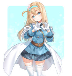 Rule 34 | 1girl, bad id, bad pixiv id, belt, belt buckle, blue eyes, blue hairband, blue jacket, blue skirt, blush, breasts, brown belt, buckle, cape, closed mouth, commentary request, cowboy shot, girls&#039; frontline, gloves, hair between eyes, hair ornament, hairband, hands up, head tilt, heart, heart hands, highres, jacket, light brown hair, long hair, long sleeves, medium breasts, one side up, pleated skirt, shiosoda, skirt, smile, snowflake hair ornament, solo, striped clothes, striped skirt, suomi (girls&#039; frontline), thighhighs, vertical-striped clothes, vertical-striped skirt, very long hair, white background, white cape, white gloves, white thighhighs