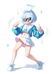 Rule 34 | 1girl, :d, absurdres, arona (blue archive), bespectacled, blue archive, blue hair, braid, commentary, double v, full body, glasses, hairband, halo, highres, karadborg, legs, long sleeves, midriff, multicolored hair, navel, open mouth, pink hair, sailor collar, school uniform, shoes, short hair, simple background, single braid, skirt, smile, sneakers, solo, standing, sunglasses, two-tone hair, v, white background, white footwear, white hairband, white sailor collar, white skirt