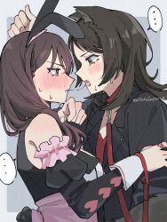 ... 2girls adversarial_noise animal_ear_hairband animal_ears bang_dream! bang_dream!_it&#039;s_mygo!!!!! black_jacket blue_eyes blush border brown_hair collar commentary detached_sleeves fake_animal_ears fake_tail fang grey_background grey_border hairband highres holding holding_collar jacket jewelry juliet_sleeves kemonomimi_mode long_hair long_sleeves multiple_girls nanami_(nunnun_0410) official_alternate_costume open_clothes open_jacket open_mouth outside_border puffy_sleeves purple_eyes rabbit_tail red_collar red_shirt ring saliva saliva_trail shiina_taki shirt spoken_ellipsis sweat tail twitter_username upper_body wolf_ears wolf_girl yahata_umiri yuri