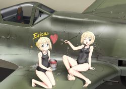 Rule 34 | 2girls, :o, a9b (louis814), absurdres, arm support, blonde hair, breasts, character name, covered navel, erica hartmann, fw 190, gluteal fold, heart, highres, kneeling, looking at viewer, multiple girls, one eye closed, paint on body, paint splatter, paint splatter on face, paintbrush, rimless eyewear, school swimsuit, short hair, siblings, sisters, sitting, small breasts, smile, strike witches, swimsuit, twins, ursula hartmann, world witches series
