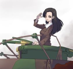 Rule 34 | 1girl, asymmetrical bangs, black eyes, black hair, brown jacket, chi-hatan military uniform, closed mouth, commentary, from side, girls und panzer, grey background, highres, jacket, long hair, long sleeves, looking at viewer, military, military uniform, nishi kinuyo, salute, skrmtl, smile, solo, straight hair, tank cupola, uniform