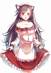 Rule 34 | 1girl, adapted costume, alternate costume, animal ears, apron, bare shoulders, blouse, blush, brown hair, clothes lift, collarbone, dress shirt, enmaided, frilled skirt, frills, highres, imaizumi kagerou, kanzakietc, long hair, long sleeves, looking at viewer, maid, maid apron, maid headdress, off shoulder, open mouth, puffy long sleeves, puffy sleeves, red eyes, red skirt, shirt, simple background, skirt, skirt lift, solo, swept bangs, touhou, waist apron, white shirt, wolf ears