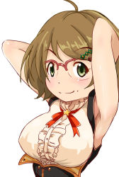 Rule 34 | 10s, 1girl, ahoge, armpits, arms behind head, arms up, blush, breasts, brown hair, buttons, frills, from side, glasses, gorohati, green eyes, hair ornament, hairclip, idolmaster, idolmaster cinderella girls, large breasts, light smile, looking at viewer, mole, mole under eye, neck ribbon, over-rim eyewear, parted bangs, red-framed eyewear, ribbon, semi-rimless eyewear, short hair, simple background, sketch, smile, solo, star (symbol), swept bangs, tsuchiya ako, turtleneck, upper body, vest
