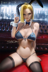 Rule 34 | 1girl, :q, android 18, animal ears, backlighting, bar (place), bare arms, bare shoulders, between fingers, bikini, black bow, black bowtie, black hairband, black thighhighs, blonde hair, blue eyes, blue nails, bottle, bow, bowtie, breasts, card, cleavage, couch, denim bikini, detached collar, dragon ball, fake animal ears, hairband, holding, holding card, indoors, large breasts, looking at viewer, nail polish, navel, on floor, playing card, rabbit ears, sakimichan, short hair, signature, sitting, smile, solo, stomach, swimsuit, thighhighs, tongue, tongue out, underboob, v-shaped eyebrows