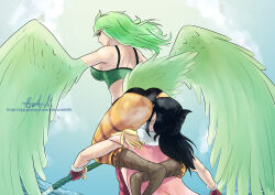 Rule 34 | 2girls, absurdres, ass, breasts, doktor malefic, face in ass, female focus, femdom, gloves, green hair, harpy, highres, large breasts, leg lock, long hair, monet (one piece), monster girl, multiple girls, one piece, sideboob, simple background, sitting, sitting on face, sitting on person, steam, sword, tail, tashigi, thick thighs, thighs, weapon, wings, yellow eyes, yuri