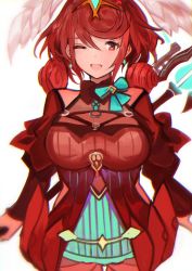Rule 34 | 1girl, absurdres, alternate costume, alternate hairstyle, breasts, cosplay, head wings, highres, juliet sleeves, large breasts, long sleeves, melia antiqua, melia antiqua (cosplay), o-ring, puffy sleeves, pyra (xenoblade), red eyes, red hair, solo, staff, tarbo (exxxpiation), wings, xenoblade chronicles (series), xenoblade chronicles 1, xenoblade chronicles 2