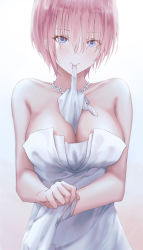 Rule 34 | 1girl, adjusting clothes, adjusting gloves, bare shoulders, between breasts, blue eyes, blush, breasts, cleavage, closed mouth, dress, eyes visible through hair, glove in mouth, gloves, go-toubun no hanayome, hair between eyes, highres, large breasts, looking at viewer, moda (mo da 3), mouth hold, nakano ichika, pink hair, short hair, solo, white dress, white gloves