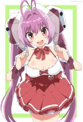 Rule 34 | 1girl, absurdres, animal ears, antenna hair, bare shoulders, blush, bow, breasts, cleavage, cynical (llcbluckg c004), di gi charat, dice, dice hair ornament, dress, hair ornament, highres, large breasts, long hair, looking at viewer, open mouth, pink hair, rabbit ears, red eyes, ribbon, smile, solo, twintails, usada hikaru