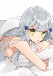 Rule 34 | 1girl, bad id, bad pixiv id, bed sheet, blanket, breasts, covering own mouth, cross hair ornament, facial mark, girls&#039; frontline, green eyes, hair ornament, hasegawa (rarairairai), highres, hk416 (girls&#039; frontline), hugging object, long hair, looking at viewer, lying, nude, on bed, on stomach, pillow, pillow hug, sidelocks, silver hair, simple background, solo, white background