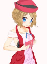 Rule 34 | 1girl, alternate color, armpits, bare shoulders, blonde hair, blue eyes, blush, breasts, brown hair, collarbone, creatures (company), dress, eyebrows, female focus, game freak, gift, hat, highres, lips, looking at viewer, nintendo, pink dress, pink skirt, pokemon, pokemon (anime), pokemon xy (anime), porkpie hat, serena (pokemon), shiny skin, short hair, skirt, sleeveless, solo, thighhighs