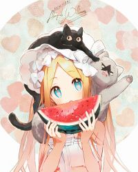 Rule 34 | 1girl, abigail williams (fate), abigail williams (swimsuit foreigner) (fate), bare shoulders, bikini, black cat, blonde hair, blue eyes, blush, bonnet, bow, breasts, cat, eating, fate/grand order, fate (series), food, forehead, fruit, hair bow, long hair, looking at viewer, namie-kun, open mouth, parted bangs, sidelocks, small breasts, swimsuit, twintails, very long hair, watermelon, white bikini, white bow, white headwear