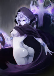 Rule 34 | 1girl, 307, ass, bad anatomy, blue eyes, book, breasts, cloak, female focus, frown, highres, large breasts, lich (monster girl encyclopedia), looking at viewer, looking back, monster girl, monster girl encyclopedia, naked cloak, pale skin, short hair, silver hair, skull, solo, totoya z, undead