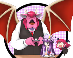 Rule 34 | &gt;:), :d, ^ ^, anger vein, bat wings, black legwear, book, character request, chibi, closed eyes, copyright request, cosplay, crescent, crossover, cup, dragon, dragon quest, closed eyes, fangs, hat, head wings, horns, koakuma, koakuma (cosplay), kuroact, long hair, monster request, musashino udon, necktie, o o, open mouth, patchouli knowledge, plaid, purple eyes, purple hair, red hair, saucer, skirt, smile, teacup, embodiment of scarlet devil, touhou, v-shaped eyebrows, vest, wings