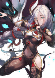 Rule 34 | 1girl, black bodysuit, black gloves, blue eyes, blush, bodysuit, braid, breasts, clothing cutout, covered navel, elbow gloves, genshin impact, gloves, gold trim, hair ornament, hair over one eye, highres, hip vent, large breasts, long hair, long sleeves, looking at viewer, low-braided long hair, low-tied long hair, partially fingerless gloves, polearm, puffy long sleeves, puffy sleeves, shenhe (genshin impact), shoulder cutout, solo, spear, tabard, tassel, thighs, ura illust, very long hair, weapon, white hair