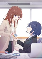 Rule 34 | 2girls, black jacket, black skirt, blue eyes, blue hair, blush, brown coat, brown hair, coat, collared shirt, commentary request, computer, corded phone, eye contact, food, highres, id card, indoors, jacket, laptop, light particles, long hair, looking at another, multiple girls, novi visual, office lady, open clothes, open coat, open mouth, original, phone, pudding, purple eyes, shirt, short hair, skirt, smile, sticky note, white shirt