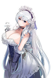 Rule 34 | 1girl, absurdres, azur lane, belfast (azur lane), blue eyes, blush, braid, breasts, chain, choker, cleavage, gauntlets, hair ribbon, hey taisyou, highres, large breasts, long bangs, long hair, looking at viewer, maid, maid headdress, ribbon, solo, white background, white hair