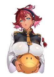 Rule 34 | 1girl, absurdres, ahoge, alternate breast size, asticassia school uniform, black headband, blue eyes, breast rest, breasts, chigiri o, cropped torso, gundam, gundam suisei no majo, haro, headband, highres, holding, large breasts, long sleeves, low ponytail, necktie, open mouth, ponytail, red hair, robot, school uniform, shiny clothes, simple background, suletta mercury, upper body, white background, wide sleeves, yellow necktie
