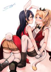 Rule 34 | 10s, 2girls, all fours, animal ears, ayase eli, black bow, black bowtie, blonde hair, blue eyes, blue hair, bow, bowtie, cat ears, cat tail, center frills, coattails, earrings, face-to-face, frills, gloves, hand on another&#039;s face, headband, heart, heart earrings, highres, jewelry, lilylion26, long hair, love live!, love live! school idol festival, love live! school idol project, multiple girls, ponytail, rabbit ears, rabbit tail, shoes, shorts, signature, sitting, sleeveless, sonoda umi, striped clothes, striped shorts, tail, thighhighs, vertical-striped clothes, vertical-striped shorts, vest, white gloves, white legwear, yellow eyes, yuri