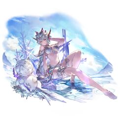 Rule 34 | 1girl, barefoot, bikini, blue hair, bracelet, breasts, cloud, earrings, full body, gem, granblue fantasy, hair ornament, hand in own hair, holding, holding staff, ice, jewelry, large breasts, macula marius, medium breasts, minaba hideo, official art, purple eyes, smile, snowflakes, snowman, soaking feet, staff, swimsuit, thighlet, third-party source, tiara, transparent background, water