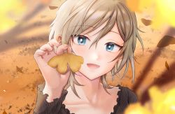Rule 34 | 1girl, anastasia (idolmaster), ashidaex, black shirt, blue eyes, blurry, blurry foreground, blush, bright pupils, collarbone, depth of field, falling leaves, ginkgo leaf, grey hair, highres, holding, holding leaf, idolmaster, idolmaster cinderella girls, leaf, looking at viewer, nail, shirt, short hair, smile, solo