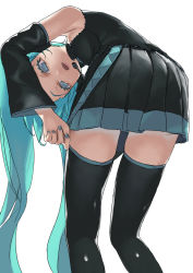 Rule 34 | 1girl, adjusting clothes, adjusting legwear, bad id, bad pixiv id, bent over, black shirt, black skirt, black sleeves, black thighhighs, blue eyes, blue hair, blue nails, breasts, detached sleeves, from behind, hatsune miku, headset, highres, long hair, long sleeves, microphone, miniskirt, nail polish, open mouth, pleated skirt, rsk (tbhono), shirt, simple background, skirt, sleeveless, sleeveless shirt, small breasts, solo, standing, thighhighs, twintails, very long hair, vocaloid, white background
