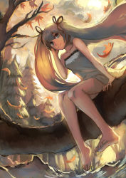Rule 34 | 1girl, aqua eyes, aqua hair, backlighting, bare shoulders, barefoot, branch, breasts, cloud, cloudy sky, collarbone, dress, feet, forest, full body, hair ribbon, hand on own cheek, hand on own face, hatsune miku, highres, in tree, knees together feet apart, leaf, long hair, looking at viewer, nail polish, nature, outdoors, ribbon, sishenfan, sitting, sitting in tree, sitting on object, sky, small breasts, smile, solo, strapless, strapless dress, sun, toenail polish, toenails, tree, twintails, very long hair, vocaloid, yellow sky