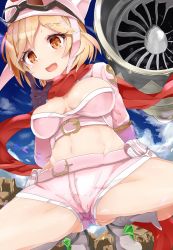 Rule 34 | 10s, 1girl, alternate costume, belt, black gloves, boots, breasts, breasts apart, cleavage cutout, clothing cutout, cloud, djeeta (granblue fantasy), from below, gloves, granblue fantasy, hat, highres, long sleeves, looking at viewer, medium breasts, midriff, navel, no bra, open mouth, outdoors, pink footwear, pink hat, pink shorts, rai (sakuranbo sugar), red scarf, scarf, short hair, shorts, sky, solo focus, spread legs, squatting, thighs, turbine, white footwear, yellow eyes