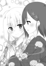 Rule 34 | 2girls, ahoge, bad id, bad pixiv id, black hair, blush, floral print, gabriel dropout, gabriel tenma white, greyscale, hair down, hair ornament, holding hands, japanese clothes, kimono, long hair, looking at another, monochrome, multiple girls, pentagon (shape), shapes, short hair, smile, struts, vignette tsukinose april, x hair ornament