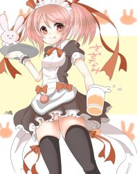 Rule 34 | 10s, 1girl, :3, :p, absurdres, alternate costume, apron, black thighhighs, bow, bowtie, enmaided, highres, kantai collection, maid, maid apron, maid headdress, nora, nora (salatto), panties, pantyshot, pink hair, pink panties, polka dot, polka dot panties, rabbit, red bow, red bowtie, sazanami (kancolle), solo, standing, thighhighs, tongue, tongue out, underwear, upskirt