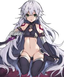 Rule 34 | 1girl, bandaged arm, bandages, boots, cleavage cutout, clothing cutout, detached sleeves, eyes visible through hair, fate/apocrypha, fate/grand order, fate (series), flat chest, green eyes, grey hair, hair between eyes, hanagata, hip focus, jack the ripper (fate/apocrypha), kneehighs, long hair, navel, sitting, socks, solo, thigh boots, thighhighs, thighs, very long hair, wariza, white background