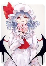 Rule 34 | 1girl, absurdres, ascot, bat wings, blue hair, bouquet, collared dress, commentary, dress, flower, frilled shirt collar, frills, hair between eyes, hand up, hat, hat ribbon, highres, holding, holding bouquet, katai (nekoneko0720), long sleeves, looking at viewer, medium hair, mob cap, open mouth, puffy long sleeves, puffy sleeves, red ascot, red eyes, red ribbon, remilia scarlet, ribbon, smile, solo, touhou, wavy hair, white background, white dress, white hat, wings